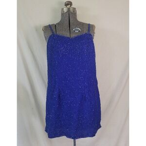 Vintage‎ 70s 80s Silk Cobalt Blue Beaded Plus Tank Top India Fancy Size XL/1XL